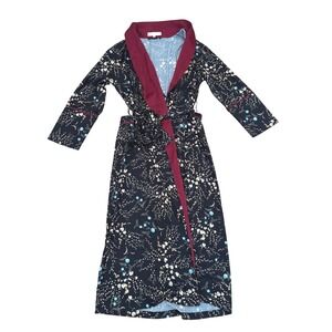 Bed‎ to Brunch Botanical Robe Floral Print Black Burgundy Trim Women's S Silky